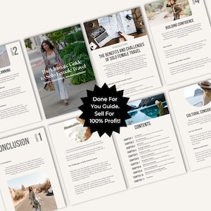 K&ouml;nnte beinhalten: Eine schwarze und wei&szlig;e Sternburst-Grafik mit dem Text "Done For You Guide. Sell For 100% Profit!" Die Grafik ist auf einen wei&szlig;en Hintergrund mit einem unscharfen Bild einer Frau im Hintergrund gelegt.