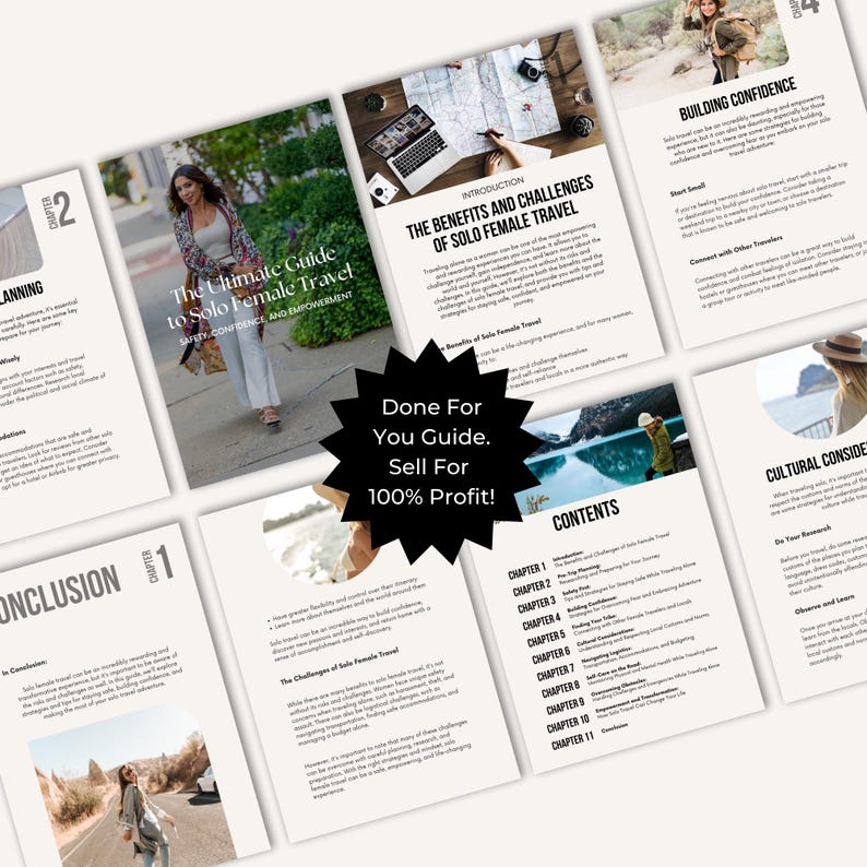 K&ouml;nnte beinhalten: Eine schwarze und wei&szlig;e Sternburst-Grafik mit dem Text "Done For You Guide. Sell For 100% Profit!" Die Grafik ist auf einen wei&szlig;en Hintergrund mit einem unscharfen Bild einer Frau im Hintergrund gelegt.