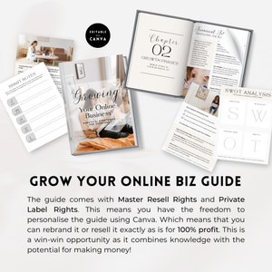 Pu&ograve; includere: Una guida intitolata "Growing Your Online Business: Practical Strategies for Everyone" con una donna seduta su un divano e che usa un laptop. La guida &egrave; aperta per mostrare un capitolo intitolato "Growth Phases" e una sezione intitolata "Financial Fit: Navigating the Mi". La guida include anche una sezione intitolata "SWOT Analysis".
