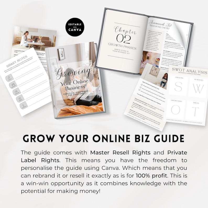 Pu&ograve; includere: Una guida intitolata "Growing Your Online Business: Practical Strategies for Everyone" con una donna seduta su un divano e che usa un laptop. La guida &egrave; aperta per mostrare un capitolo intitolato "Growth Phases" e una sezione intitolata "Financial Fit: Navigating the Mi". La guida include anche una sezione intitolata "SWOT Analysis".