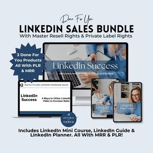 Puede incluir: Un paquete de marketing digital titulado "LinkedIn Sales Bundle" con derechos de reventa principales. La imagen presenta una computadora portátil, un monitor de escritorio y dos tabletas que muestran el contenido "LinkedIn Success" y "LinkedIn Mini Guide". El paquete incluye un mini curso, una guía y un planificador.
