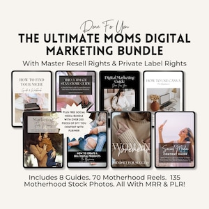 Può includere: Un pacchetto di marketing digitale per le mamme, che include otto guide, 70 reel di maternità e 135 foto stock di maternità. Il pacchetto include guide su come trovare la tua nicchia, creare un negozio digitale, marketing digitale, usare Canva e creare e vendere prodotti digitali. Il pacchetto include anche un pacchetto di social media con oltre 200 pezzi di contenuti fai-da-te con PLR/MRR. Il testo "Done For You" appare nella parte superiore dell'immagine.