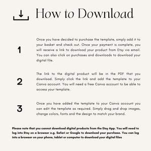May include: A white background with black text explaining how to download a digital product from Etsy. The text includes instructions on how to add the product to your basket, check out, and download the file. It also explains how to use the file in Canva.