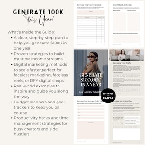 May include: A guide with the title "Generate 100K This Year!" and a list of strategies to help you build multiple income streams. The guide includes real-world examples, budget planners, and productivity hacks.