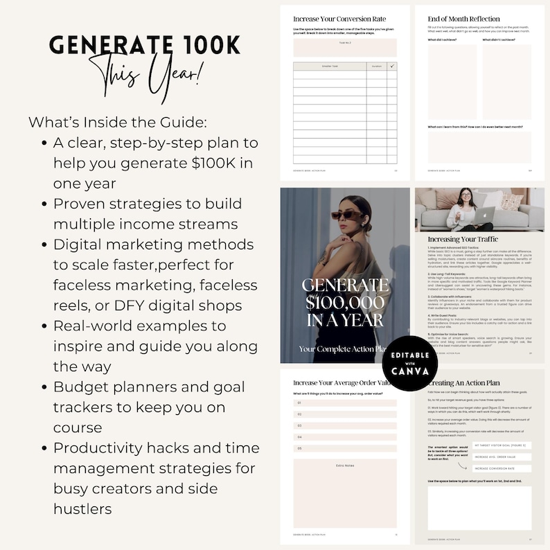 May include: A guide with the title "Generate 100K This Year!" and a list of strategies to help you build multiple income streams. The guide includes real-world examples, budget planners, and productivity hacks.