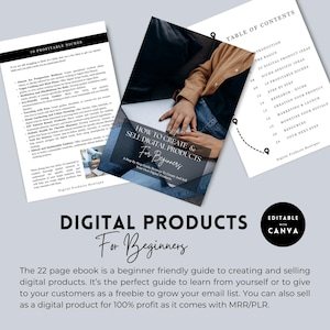 May include: A digital product guide for beginners, with a cover image showing a person working on a laptop. The guide is titled "How to Create & Sell Digital Products for Beginners" and includes a table of contents with topics like "The Basics", "Niche-Specific Ideas", and "Your Next Step".
