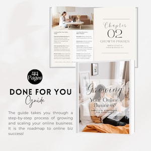 Pu&ograve; includere: Una guida intitolata "Done For You Guide" con una donna che lavora su un laptop in una camera da letto. La guida &egrave; una roadmap per il successo nel business online e include 44 pagine di strategie pratiche per far crescere la tua attivit&agrave; online.