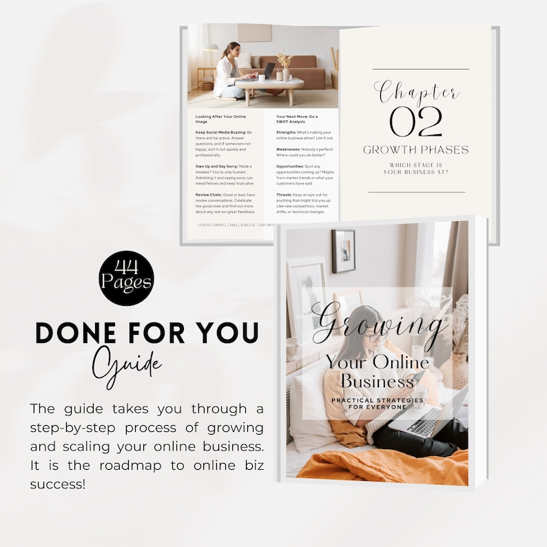 Pu&ograve; includere: Una guida intitolata "Done For You Guide" con una donna che lavora su un laptop in una camera da letto. La guida &egrave; una roadmap per il successo nel business online e include 44 pagine di strategie pratiche per far crescere la tua attivit&agrave; online.