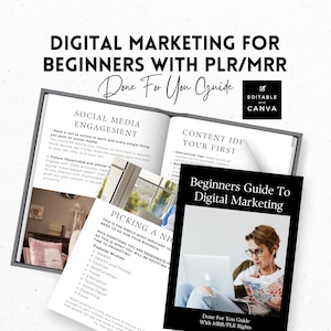 May include: An open book with the title "Digital Marketing for Beginners with PLR/MRR Done For You Guide" on a white background. The book has a black and white design with a woman wearing glasses and headphones looking at a laptop. The book also has the text "Beginners Guide To Digital Marketing" and "Picking A Niche".