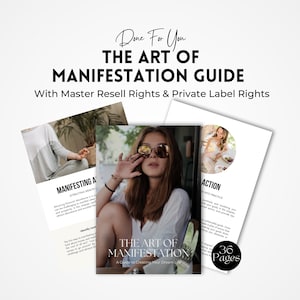 Op de afbeelding: Een gids met de titel "The Art of Manifestation: A Guide to Creating Your Dream Life" met een witte achtergrond en zwarte tekst. De gids heeft 36 pagina's en bevat informatie over het aantrekken van rijkdom, het identificeren van beperkende overtuigingen en het nemen van actie.