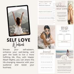 May include: A digital workbook titled "Self Love Workbook" with a pink and white background. The workbook is designed to help people elevate their self-esteem, enhance their well-being, and gain the tools to live a more fulfilling life. The workbook includes chapters on finding the self, building self-love, and self-esteem journaling.