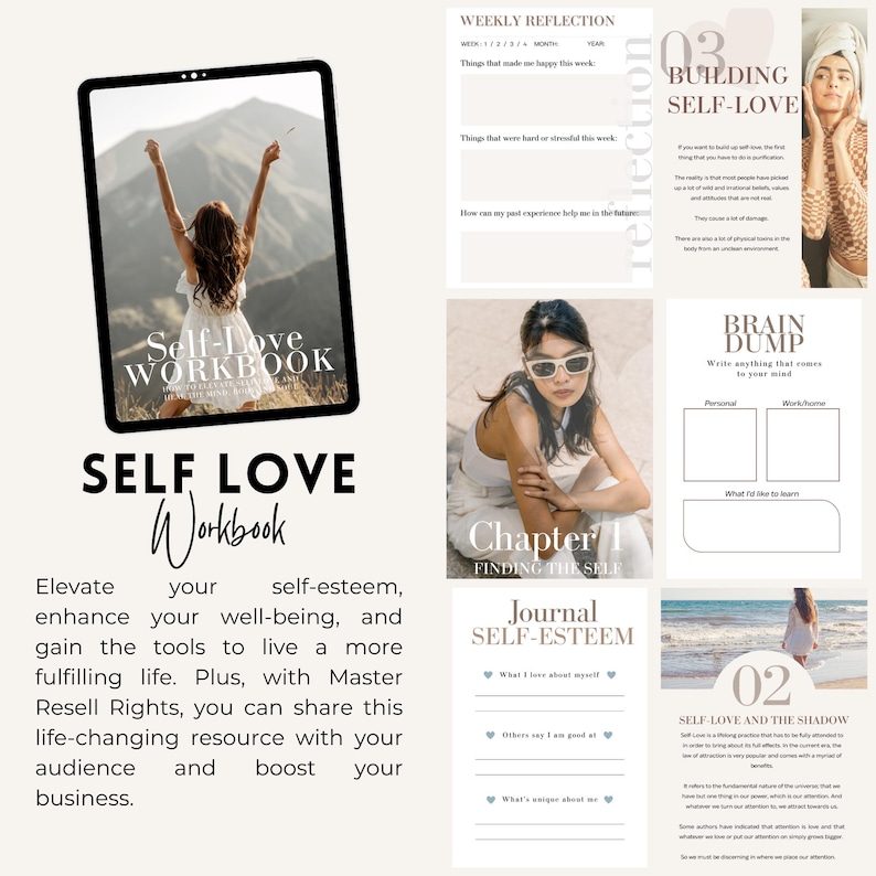 May include: A digital workbook titled "Self Love Workbook" with a pink and white background. The workbook is designed to help people elevate their self-esteem, enhance their well-being, and gain the tools to live a more fulfilling life. The workbook includes chapters on finding the self, building self-love, and self-esteem journaling.
