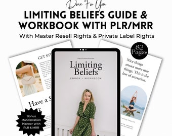 May include: A digital product cover with a green and white background. The cover features a woman in a green and white polka dot dress sitting on a white fence. The text on the cover reads "Limiting Beliefs" and "Ebook + Workbook". The cover also includes a bonus manifestation planner with PLR and MRR. The text "82 Pages" is in a circle on the right side of the image.