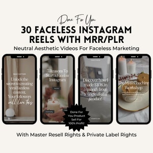 Può includere: Un mockup di prodotto digitale che mostra quattro diversi design di reel di Instagram. I reel riguardano l'avvio di un account Instagram senza volto, la creazione di contenuti virali, la generazione di entrate online e il coaching. Il testo "Done For You Product Sell For 100% Profit!" è su una stella nera. Il testo "With Master Resell Rights & Private Label Rights!" è sotto i mockup.
