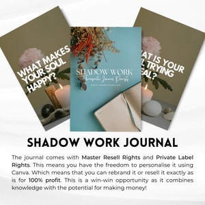 May include: A blue and white journal cover with the text "Shadow Work Therapeutic Journal Prompts" and "Digital Products Boutique". The journal is open and lying on a blue surface. The text "Shadow Work Journal" is in large, bold letters below the image.
