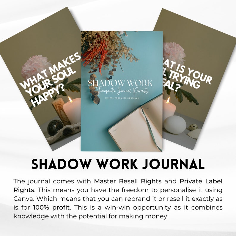 May include: A blue and white journal cover with the text "Shadow Work Therapeutic Journal Prompts" and "Digital Products Boutique". The journal is open and lying on a blue surface. The text "Shadow Work Journal" is in large, bold letters below the image.