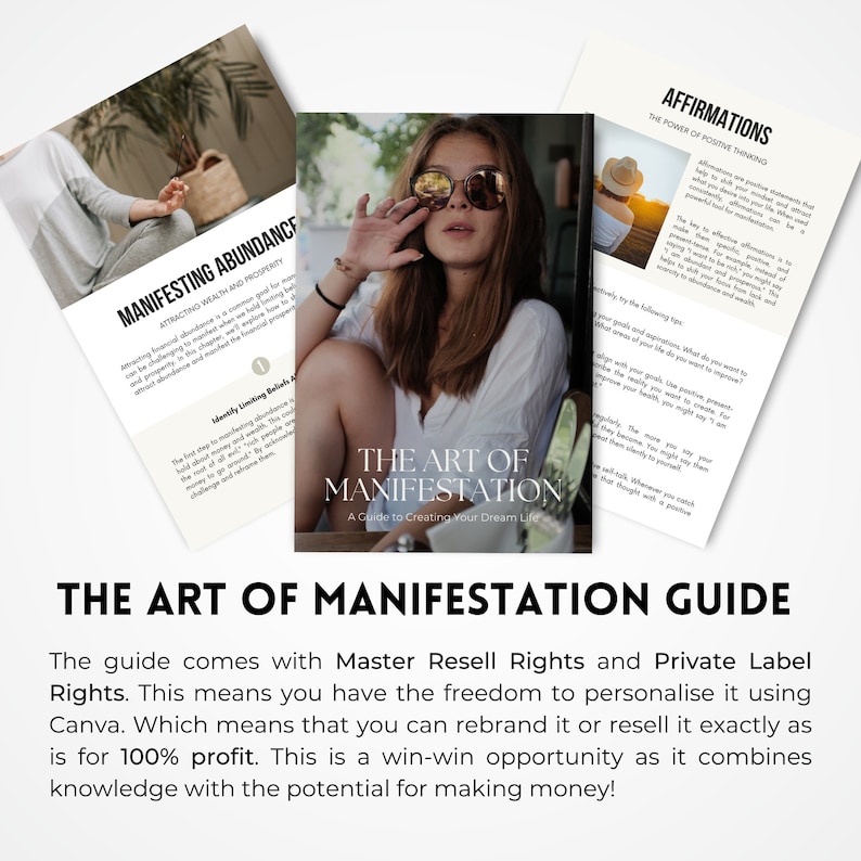 May include: A guide titled "The Art of Manifestation" with a woman wearing sunglasses on the cover. The guide comes with Master Resell Rights and Private Label Rights, allowing you to personalize and resell it.