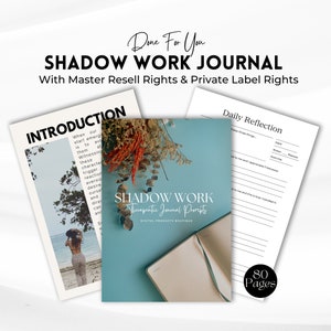 May include: A blue and white journal with the text "Shadow Work Therapeutic Journal Prompts" and "Digital Products Boutique". The journal has 80 pages and is part of a set of printable journal prompts for self-reflection and shadow work.
