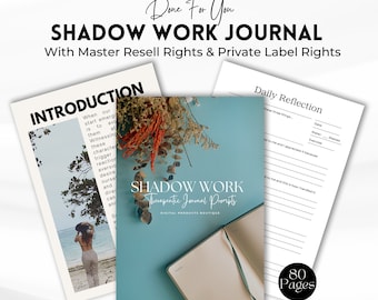 May include: A blue and white journal with the text "Shadow Work Therapeutic Journal Prompts" and "Digital Products Boutique". The journal has 80 pages and is part of a set of printable journal prompts for self-reflection and shadow work.