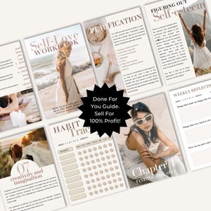 May include: A self-love workbook with a beige and brown color scheme. The cover features a woman in a white dress standing on a beach. The title of the workbook is "Self-Love Workbook". The workbook includes chapters on self-esteem, purification, and creativity. There is also a habit tracker included.