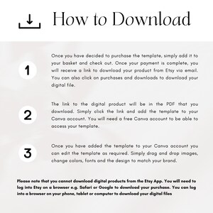 Pu&ograve; includere: Uno sfondo bianco con una guida passo passo su come scaricare un prodotto digitale da Etsy. La guida include tre passaggi: 1. Aggiungi il modello al tuo carrello e procedi al checkout. 2. Clicca sul link nel PDF per aggiungere il modello al tuo account Canva. 3. Modifica il modello in Canva. La guida include anche una nota che indica che non puoi scaricare prodotti digitali dall'app Etsy.