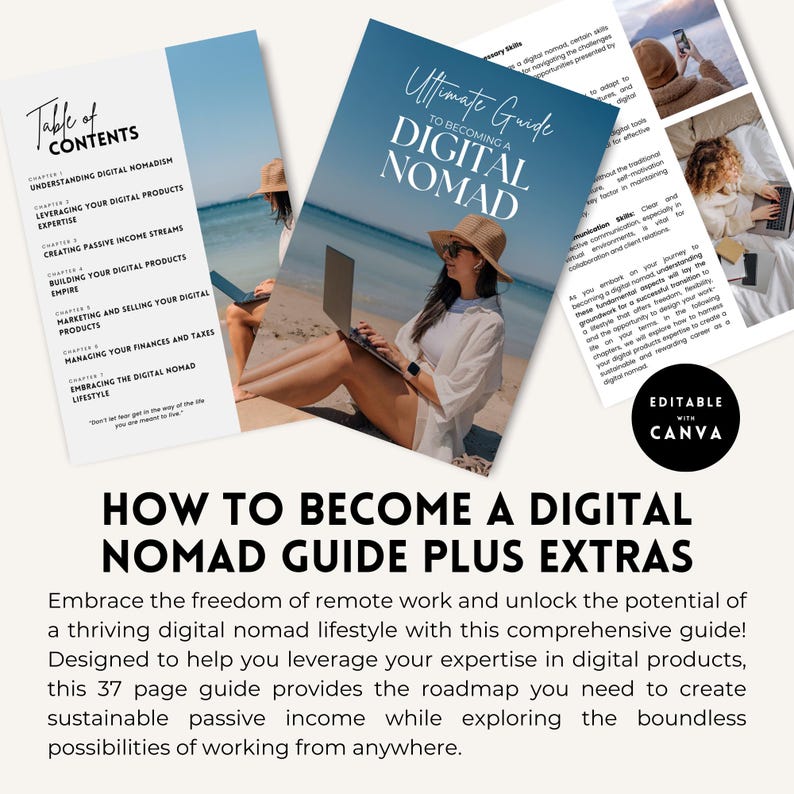 May include: A guide titled "Ultimate Guide to Becoming a Digital Nomad" with a woman sitting on a beach using a laptop. The guide includes chapters on understanding digital nomadism, leveraging digital products, creating passive income streams, building a digital products empire, marketing and selling digital products, managing finances and taxes, and embracing the digital nomad lifestyle.