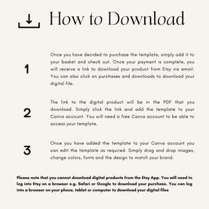Puede incluir: Un fondo blanco con texto negro que explica c&oacute;mo descargar un producto digital de Etsy. El texto incluye instrucciones sobre c&oacute;mo agregar el producto a tu carrito, pagar y descargar el archivo. Tambi&eacute;n explica c&oacute;mo usar el archivo en Canva.