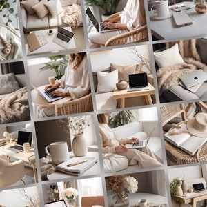 May include: A collage of images featuring a variety of home decor and lifestyle elements, including laptops, plants, books, and cozy furniture. The images are arranged in a grid pattern and showcase a neutral color palette of beige, white, and brown.
