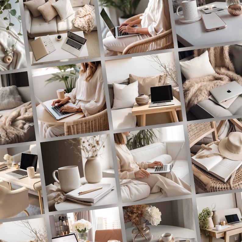 May include: A collage of images featuring a variety of home decor and lifestyle elements, including laptops, plants, books, and cozy furniture. The images are arranged in a grid pattern and showcase a neutral color palette of beige, white, and brown.