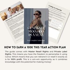 May include: A pink and white action plan guide with the title "Generate $100,000 in a Year: Your Complete Action Plan". The guide includes tips on how to increase average order value and create an action plan.