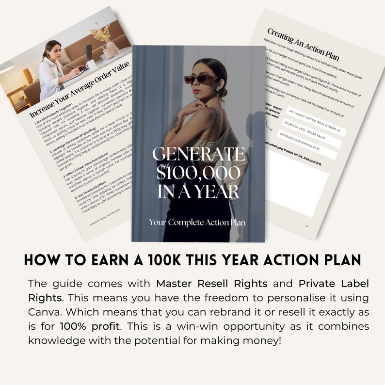 May include: A pink and white action plan guide with the title "Generate $100,000 in a Year: Your Complete Action Plan". The guide includes tips on how to increase average order value and create an action plan.