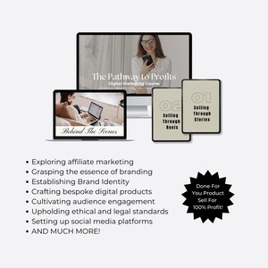 May include: A digital marketing course titled "The Pathway to Profits" with a laptop and phone on the screen. The course includes modules on selling through stories and reels, exploring affiliate marketing, grasping the essence of branding, establishing brand identity, crafting bespoke digital products, cultivating audience engagement, upholding ethical and legal standards, setting up social media platforms, and much more. The text "Done For You Product Sell For 100% Profit!" is in a starburst shape.