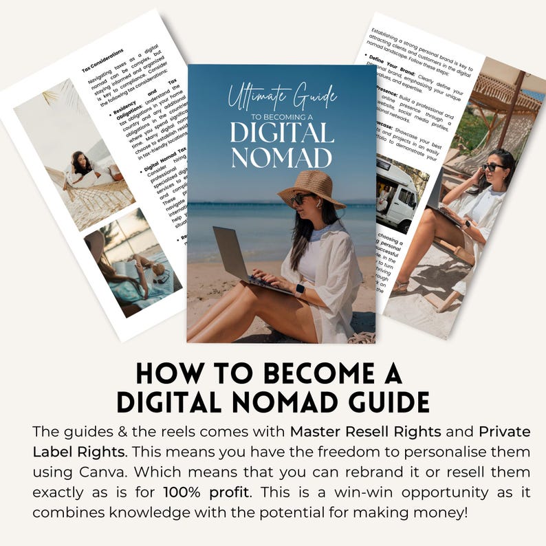 May include: A guide to becoming a digital nomad featuring a woman sitting on a beach with a laptop. The text on the guide says "Ultimate Guide to Becoming a Digital Nomad".