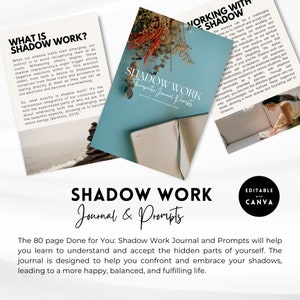 May include: A digital product mockup of a journal and prompts for shadow work. The journal cover is white with the text "Shadow Work Journal & Prompts" in black. The background is a collage of three images, each with a different color scheme. The top image is a blue background with the text "Shadow Work Therapeutic Journal Prompts" in white. The middle image is a green background with the text "Working with the Shadow" in white. The bottom image is a brown background with a stack of rocks. The text "Editable with Canva" is in a white circle with a black border.