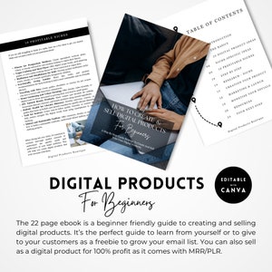 May include: A digital product guide for beginners, with a black and white cover featuring a woman using a laptop. The title is "How to Create & Sell Digital Products for Beginners". The guide includes a table of contents with topics like "The Basics", "25 Digital Product Ideas", and "Niche-Specific Ideas".