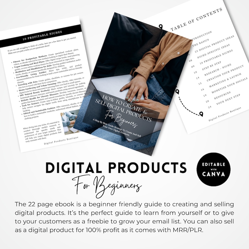 May include: A digital product guide for beginners, with a black and white cover featuring a woman using a laptop. The title is "How to Create & Sell Digital Products for Beginners". The guide includes a table of contents with topics like "The Basics", "25 Digital Product Ideas", and "Niche-Specific Ideas".