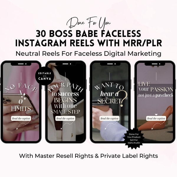 30 Faceless Reels Videos | Digital Marketing with Master Resell Rights | MRR PLR | Faceless Instagram | Boss Babe Reels | Aesthetic Boho.