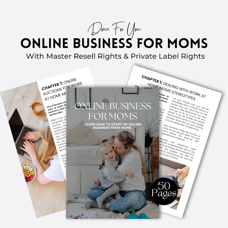 May include: A guide for mums on starting an online business from home. The cover features a mother and daughter hugging on a rug with the title "Online Business for Moms" and the text "Learn how to start an online business from home".