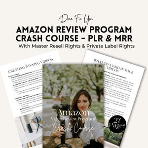 May include: A woman holding a camera in front of a green background. The text on the page reads "Amazon Video Review Program Crash Course" and "27 Pages".