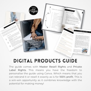 May include: A digital product guide with a table of contents and a cover image that says "How to Create & Sell Digital Products for Beginners". The guide comes with Master Resell Rights and Private Label Rights. This means you have the freedom to personalize the guide using Canva. Which means that you can rebrand it or resell it exactly as is for 100% profit. This is a win-win opportunity as it combines knowledge with the potential for making money!