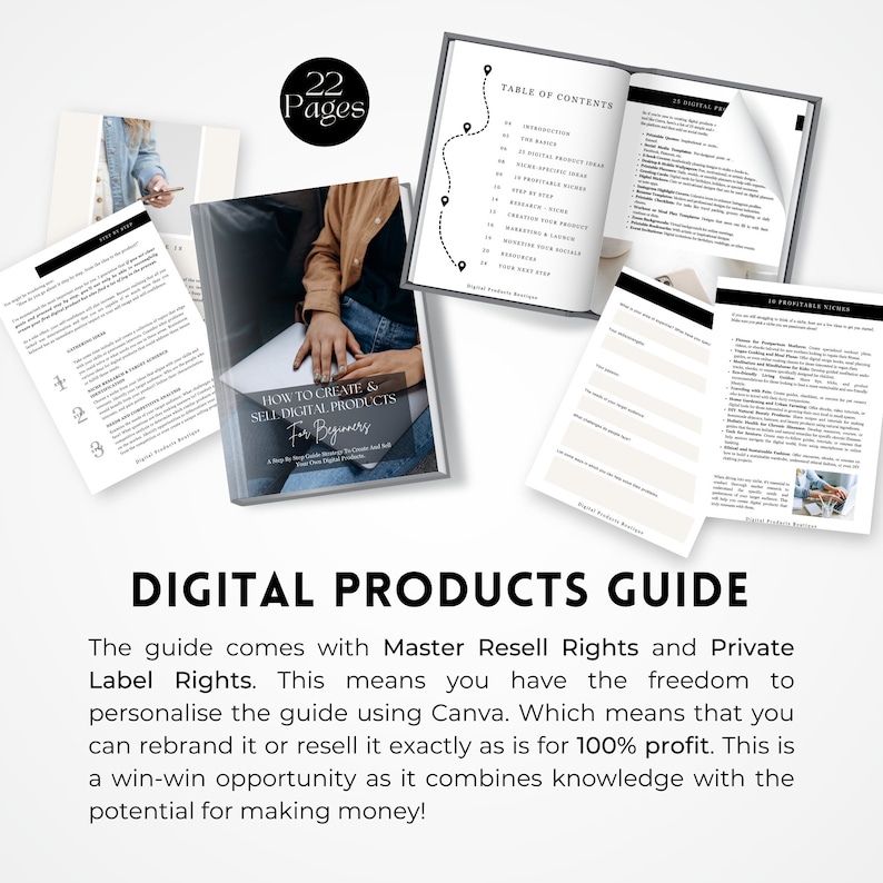 May include: A digital product guide with a table of contents and a cover image that says "How to Create & Sell Digital Products for Beginners". The guide comes with Master Resell Rights and Private Label Rights. This means you have the freedom to personalize the guide using Canva. Which means that you can rebrand it or resell it exactly as is for 100% profit. This is a win-win opportunity as it combines knowledge with the potential for making money!