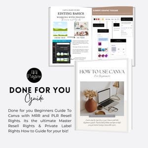 May include: A guide for beginners on how to use Canva, with 44 pages of content. The guide includes information on editing basics, working with photos, frames, and grids, and how to use the element/graphic toolbar. The guide also includes a section on how to use Canva for beginners, with step-by-step instructions on how to use Canva like a pro.