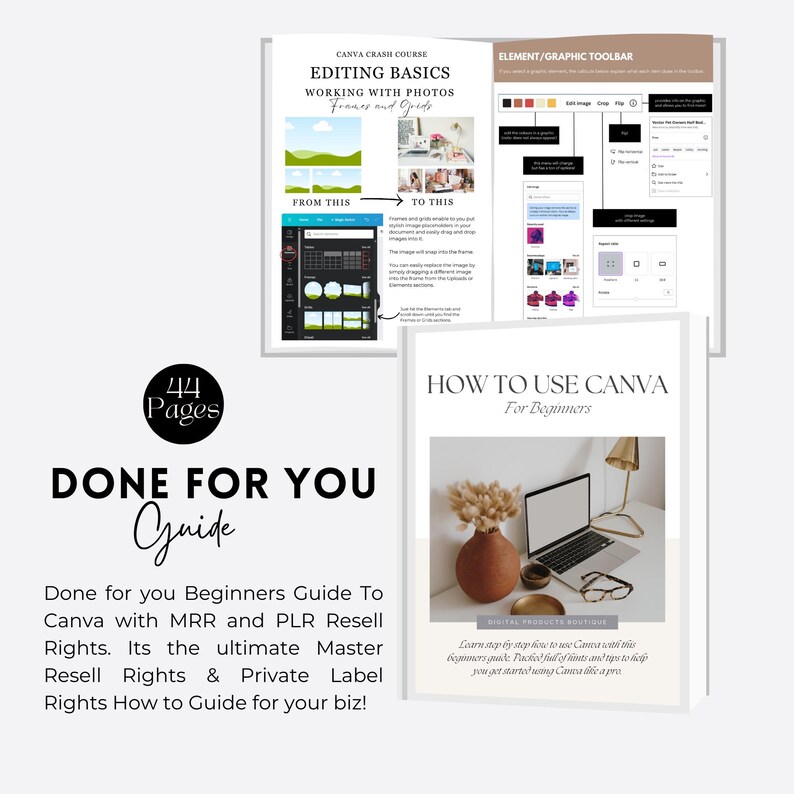 May include: A guide for beginners on how to use Canva, with 44 pages of content. The guide includes information on editing basics, working with photos, frames, and grids, and how to use the element/graphic toolbar. The guide also includes a section on how to use Canva for beginners, with step-by-step instructions on how to use Canva like a pro.