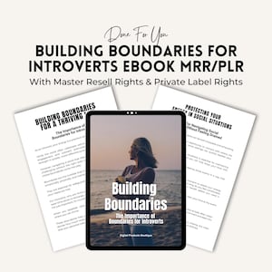 May include: A digital product cover for an ebook titled "Building Boundaries: The Importance of Boundaries for Introverts". The cover features a woman standing on a beach looking out at the sea. The ebook is available for purchase with master resell rights and private label rights.
