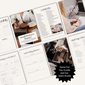 May include: A digital planner for small businesses with a black and white design. The planner includes sections for marketing, pricing, notes, and getting started. The text "Done For You Guide. Sell For 100% Profit!" is featured on the cover.