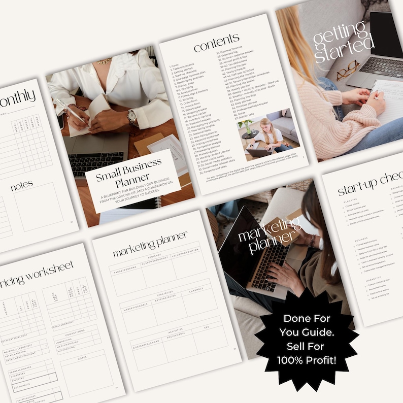 May include: A digital planner for small businesses with a black and white design. The planner includes sections for marketing, pricing, notes, and getting started. The text "Done For You Guide. Sell For 100% Profit!" is featured on the cover.