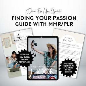 Peut inclure: Une tablette numérique affichant un classeur intitulé "Finding and Fueling Your Passion : Ebook Workbook". La tablette est posée sur un sol en bois avec une femme qui prend un selfie avec un appareil photo. L'image comprend également un document blanc et gris avec le texte "4 Rules of Self-Management" et un document blanc et gris avec le texte "What is purpose? Understanding your purpose in life".