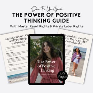 Puede incluir: Una guía digital titulada "The Power of Positive Thinking Guide" con una mujer en la portada. La guía incluye información sobre ejercicios de relajación, técnicas de respiración y cómo los pensamientos positivos afectan al cerebro. La guía tiene 49 páginas.