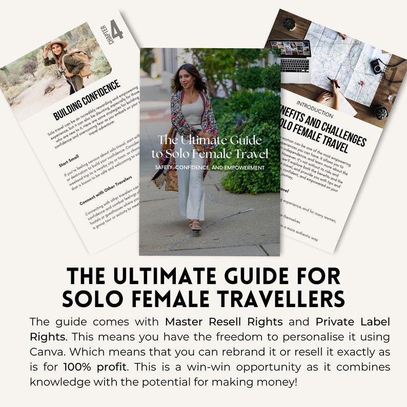 K&ouml;nnte beinhalten: Ein Leitfaden f&uuml;r Solo-Reisende mit dem Titel "Der ultimative Leitfaden f&uuml;r Solo-Reisen von Frauen: Sicherheit, Selbstvertrauen und Empowerment". Der Leitfaden beinhaltet Master Resell Rights und Private Label Rights, was bedeutet, dass Sie ihn f&uuml;r 100 % Gewinn umbenennen oder weiterverkaufen k&ouml;nnen.