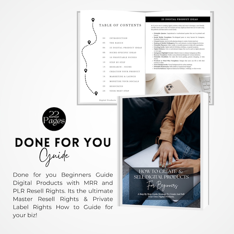 May include: A black and white guide with the title "Done For You Guide" and the text "How to Create & Sell Digital Products for Beginners" on a white background. The guide is a step-by-step strategy to create and sell digital products.